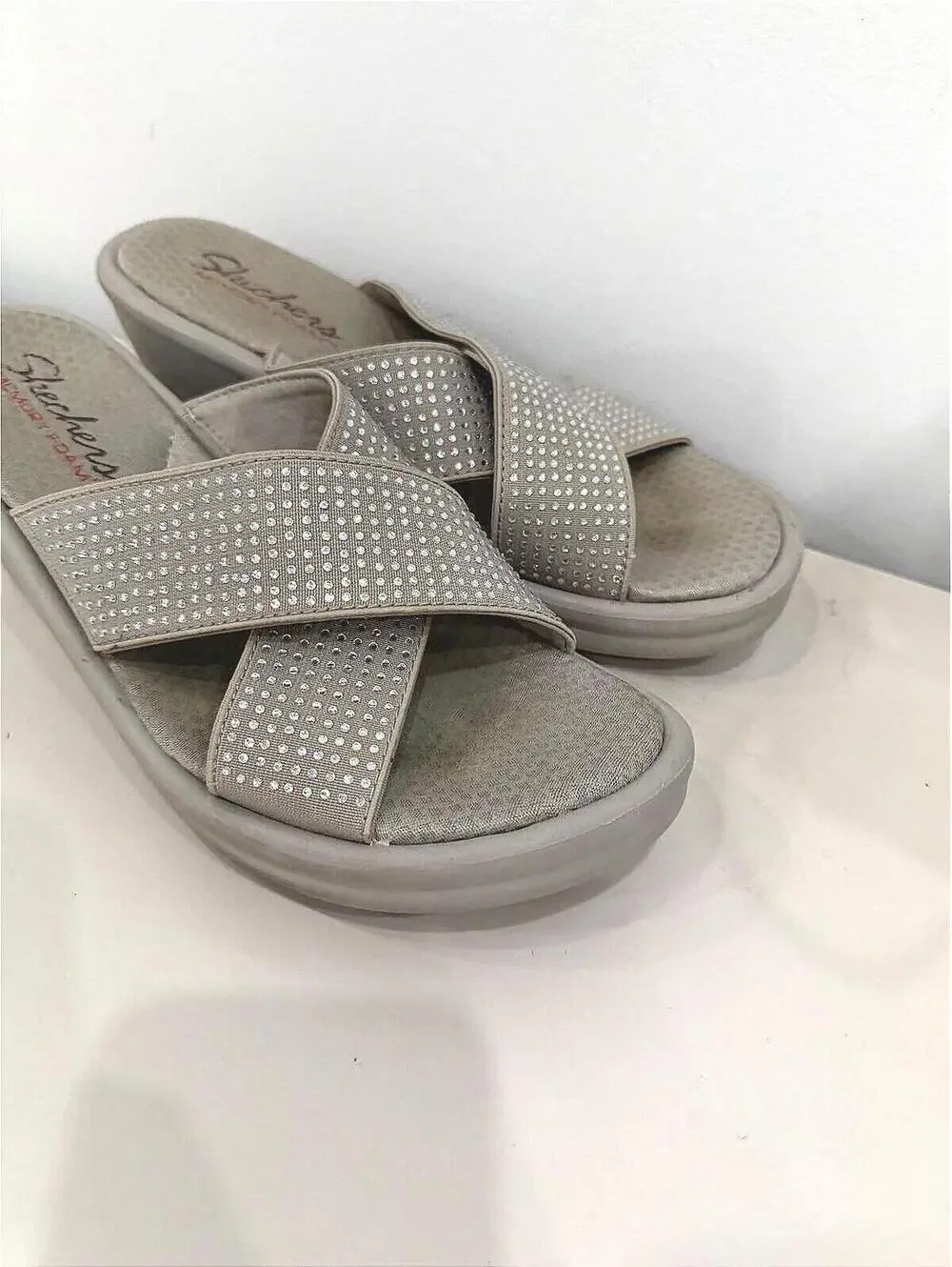 Skechers Gray Rhinestone Cross Strap Wedge Sandals Size 8
